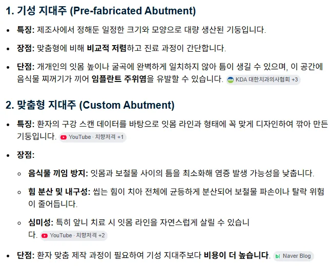 기성 지대주와 맞춤 지대주 형태 비교 도해